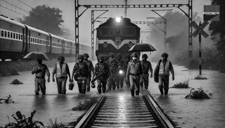 Officials Guide Train Through Waterlogged Tracks in Madhya Pradesh Amid Heavy Rain